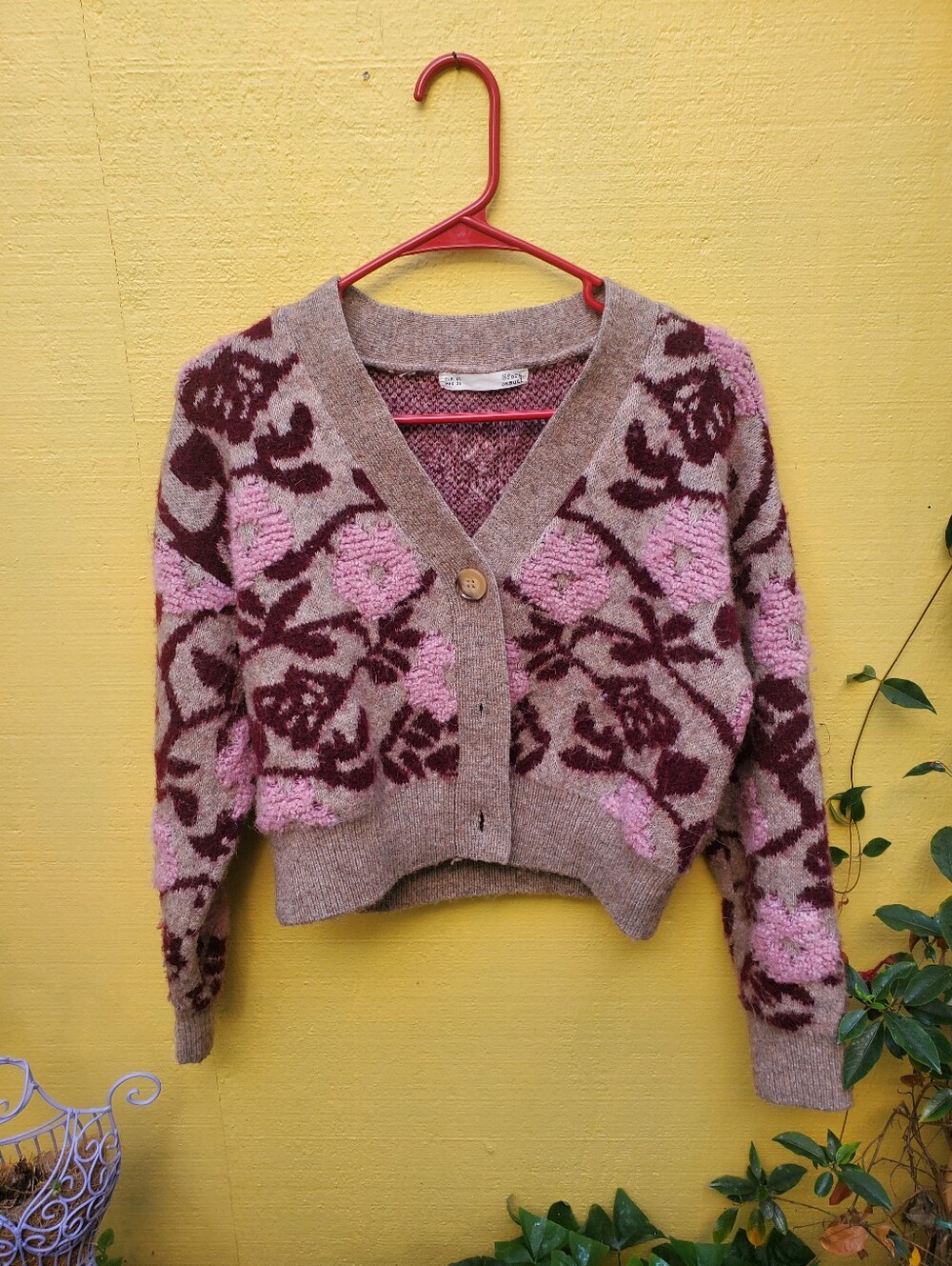 Floral V-Neck Button Cardigan Sweater in Pink and Brown